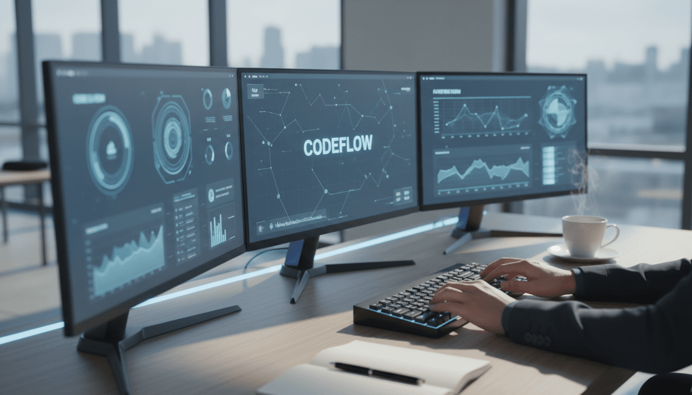 Developer working at a modern desk with multiple monitors displaying cloud infrastructure dashboards