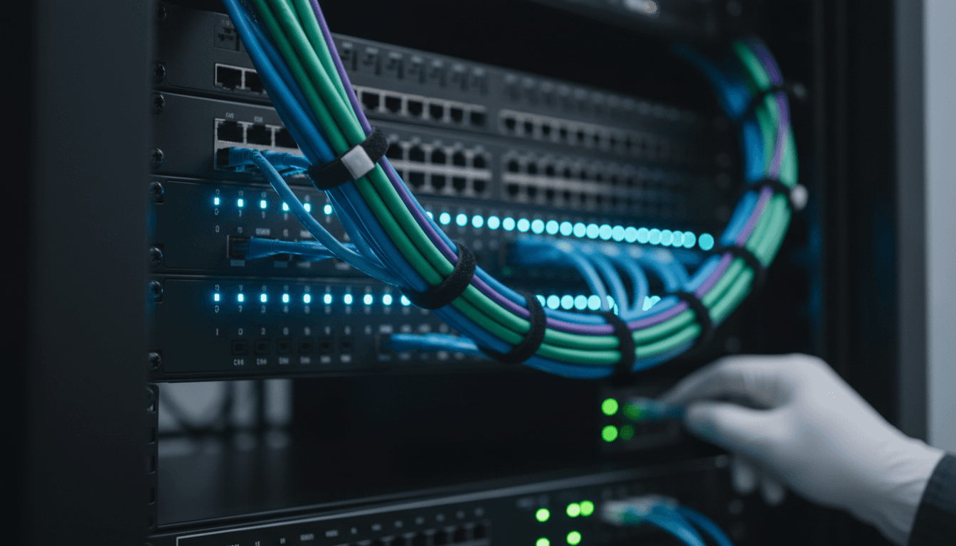 Server rack with glowing network lights and organized cabling